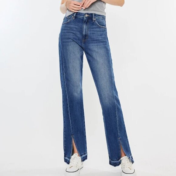 Kancan Medora 90's Straight leg Jeans Women 7/27 Hi-Rise Denim Raw Slit Leg Hem - Picture 1 of 16